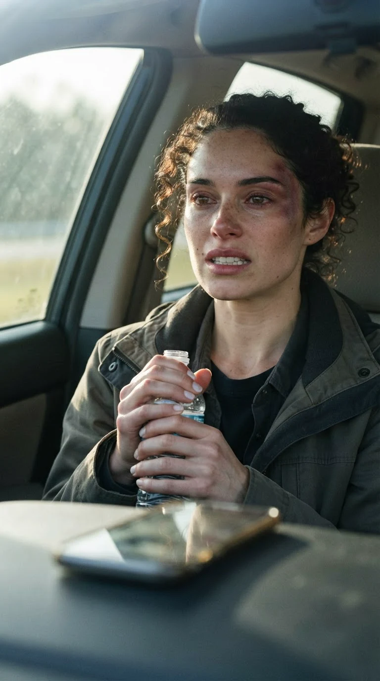 The woman stares ahead, fingers white around the water bottle.