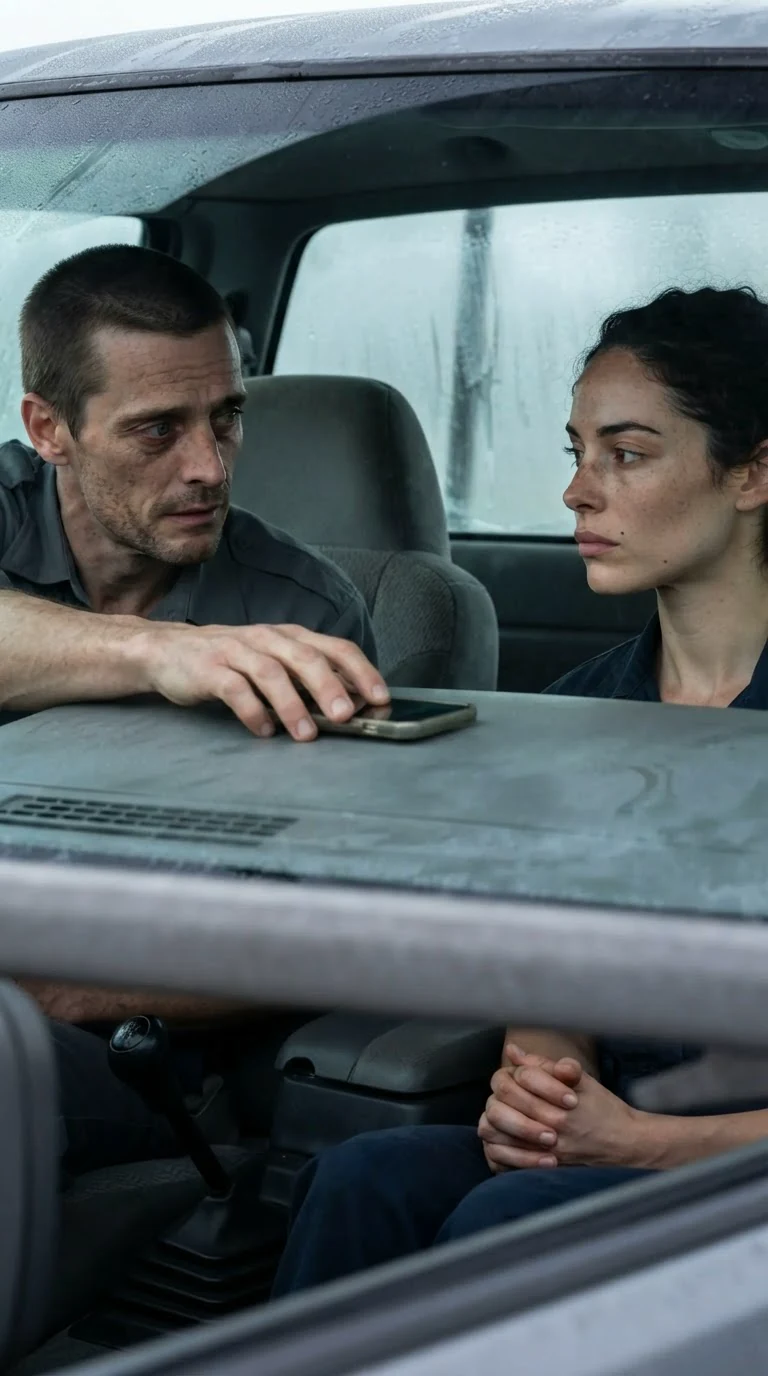 The deputy sets the phone down on the dash and looks at the woman.