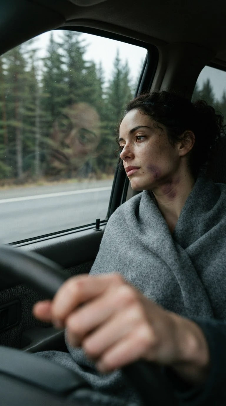 The woman looks out the truck window at the road passing, blanket to her chin.