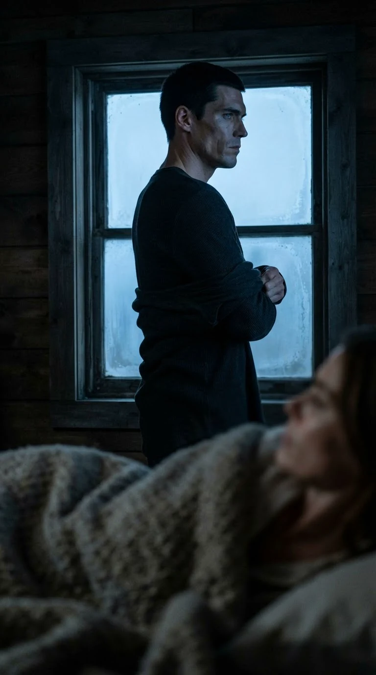 A memory of the Alpha pulling on his shirt at a gray window, back turned.