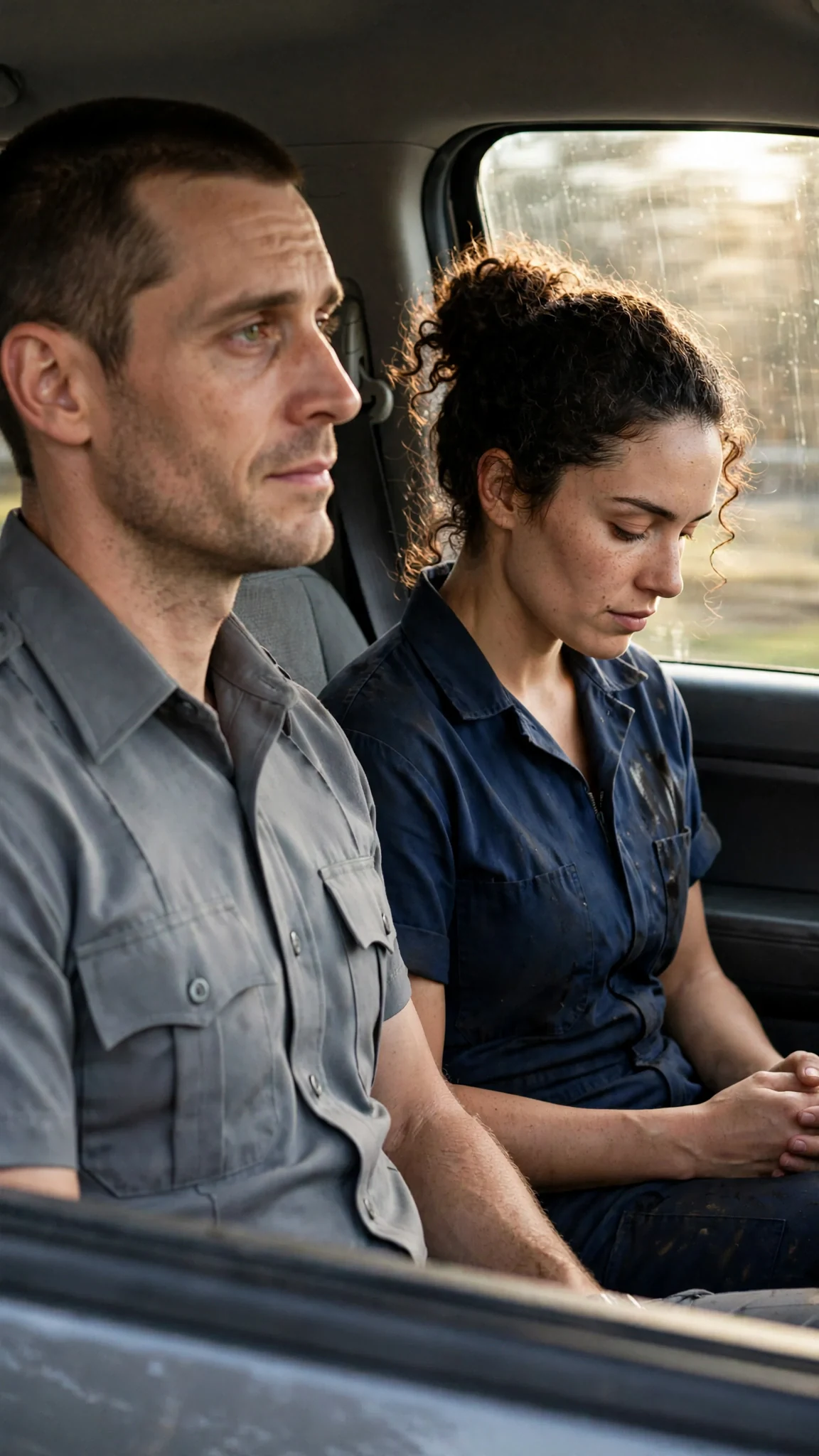 The deputy glances at her from the driver's seat.