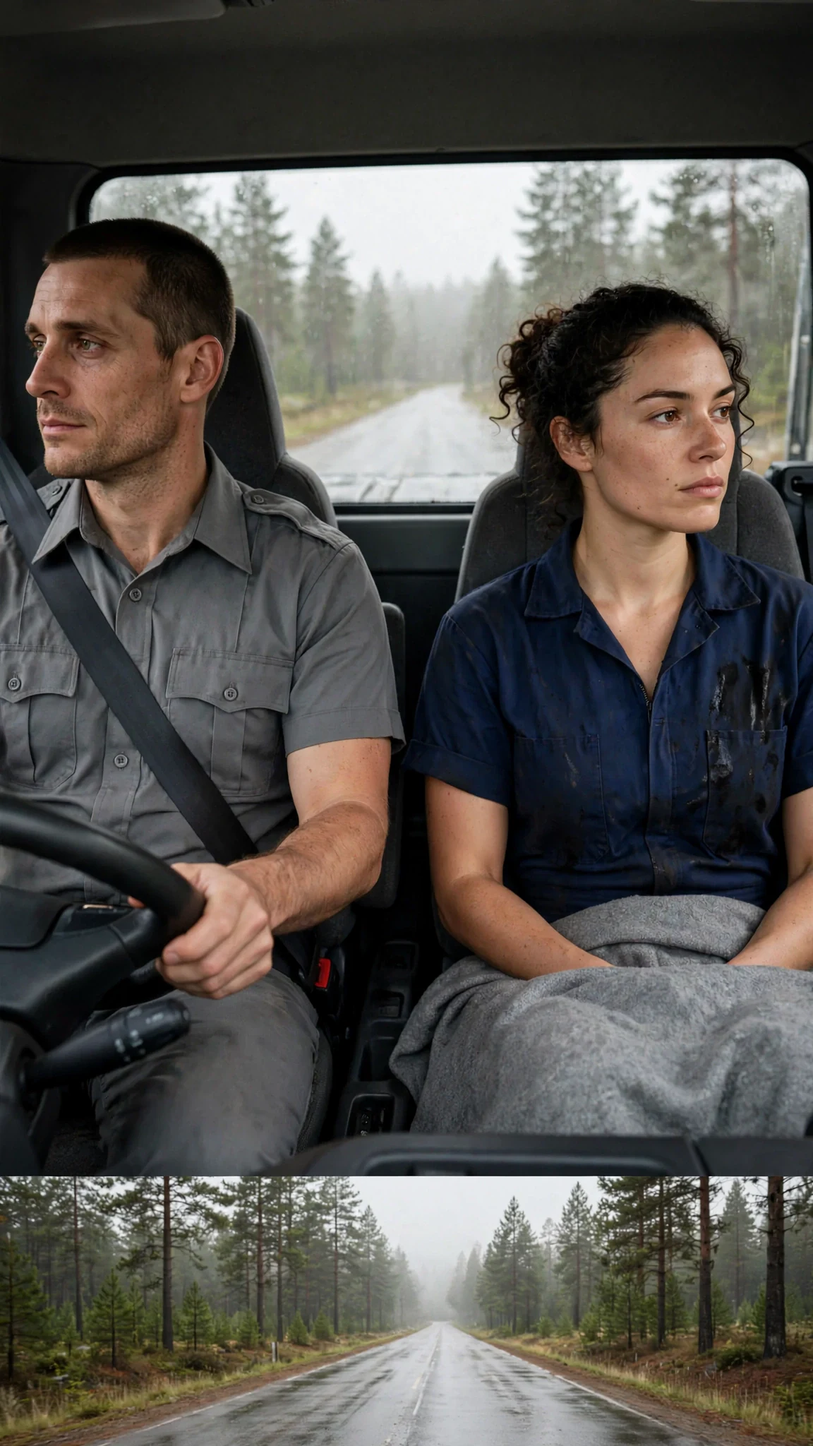 The woman sits dry-eyed with the blanket, the deputy watching the road.