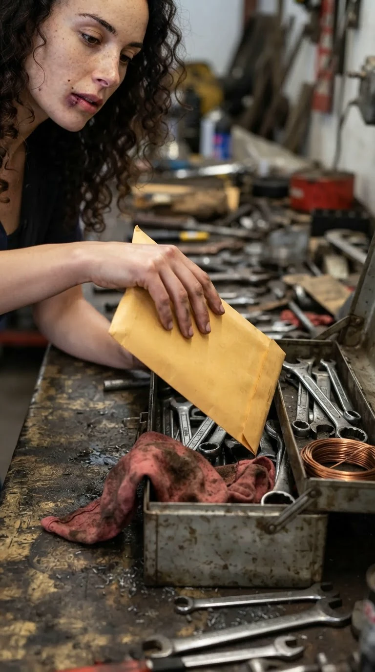 The envelope drops into an open metal toolbox full of wrenches.