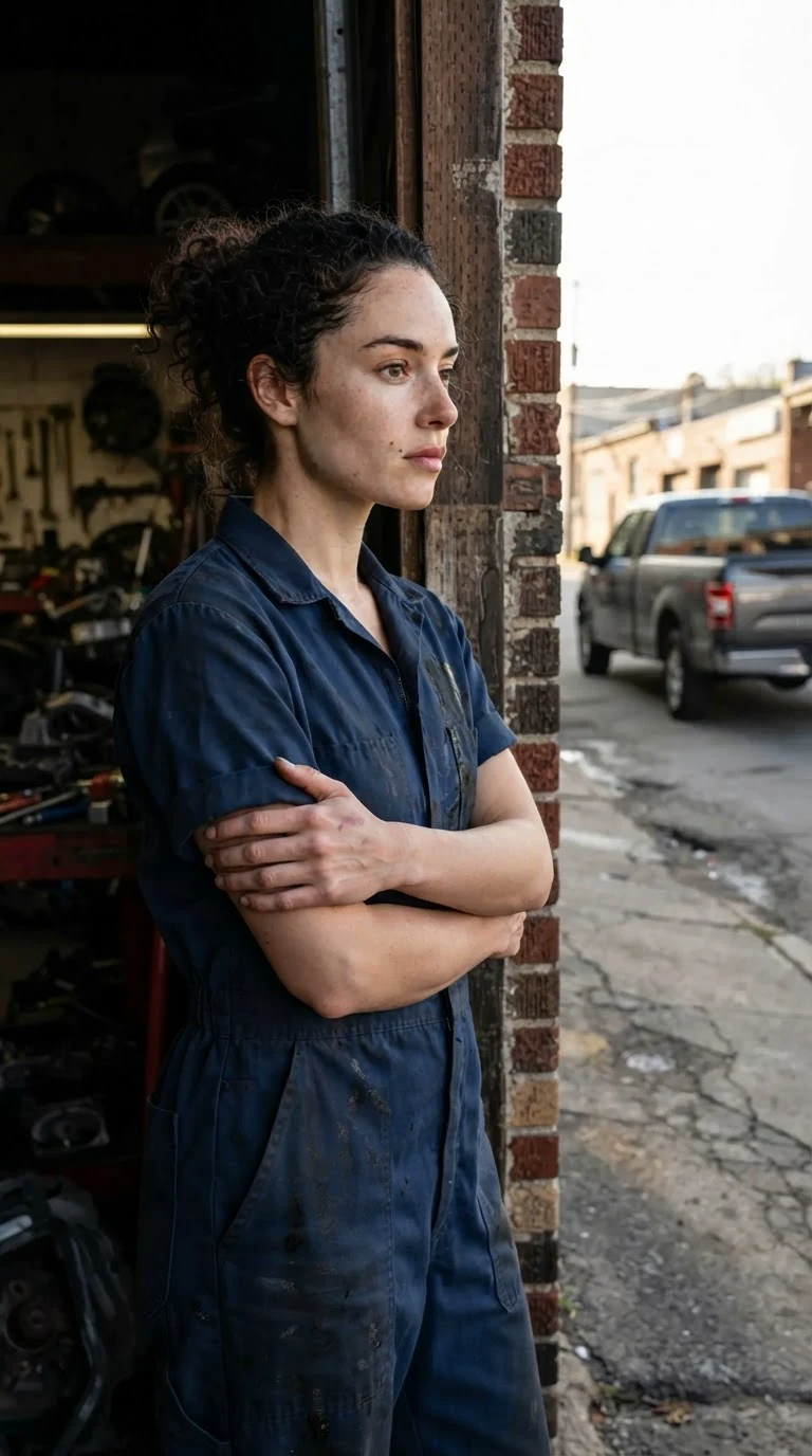 The woman stands alone in the doorway as the truck pulls away.