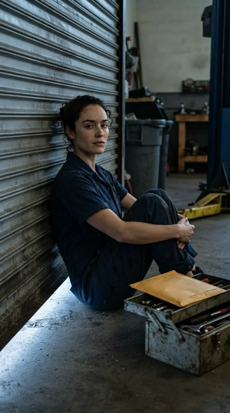 The woman sits on the shop floor with her back against the door, toolbox beside her.