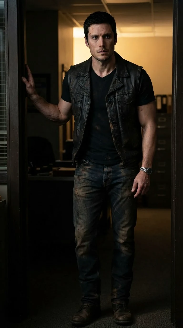 A tall man in a leather cut stands in the office doorway.