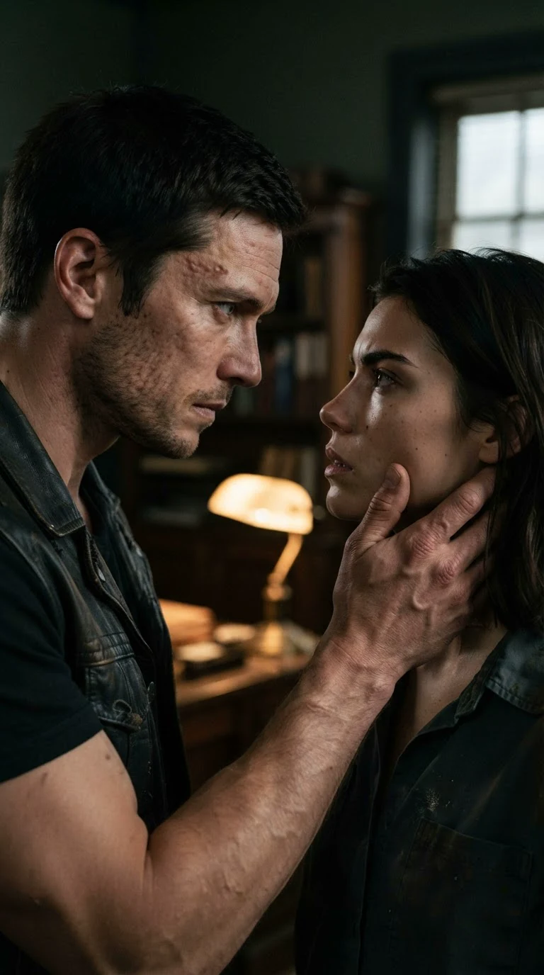 His hand cups her jaw, their faces very close.