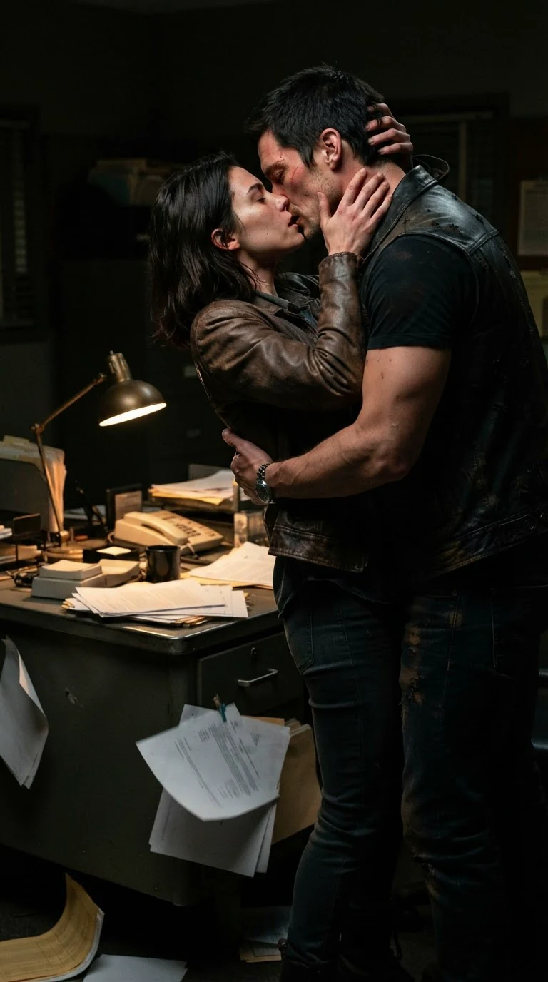 They kiss hard, her fingers in his shirt, papers sliding off the desk.