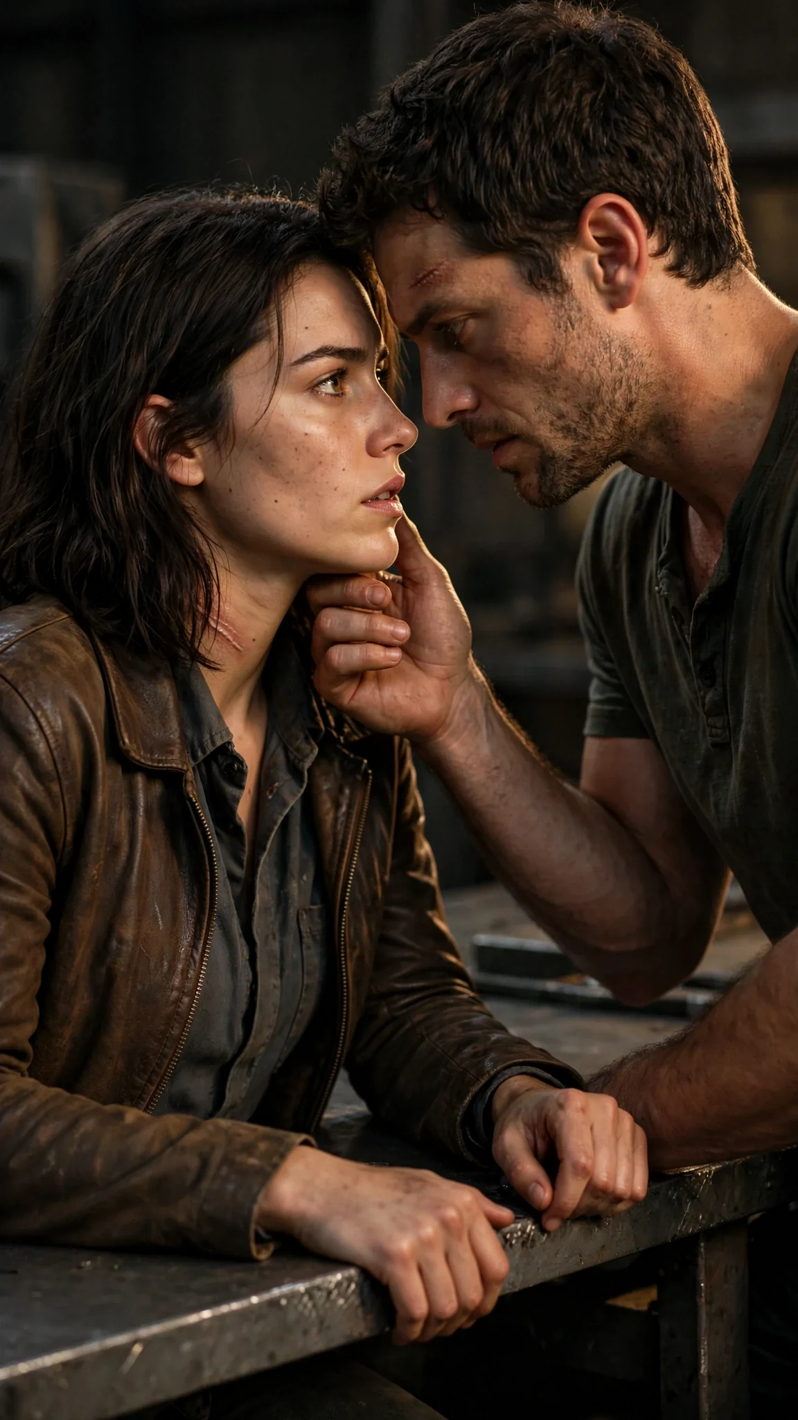 He leans over her on the desk, his hand on her bare thigh.