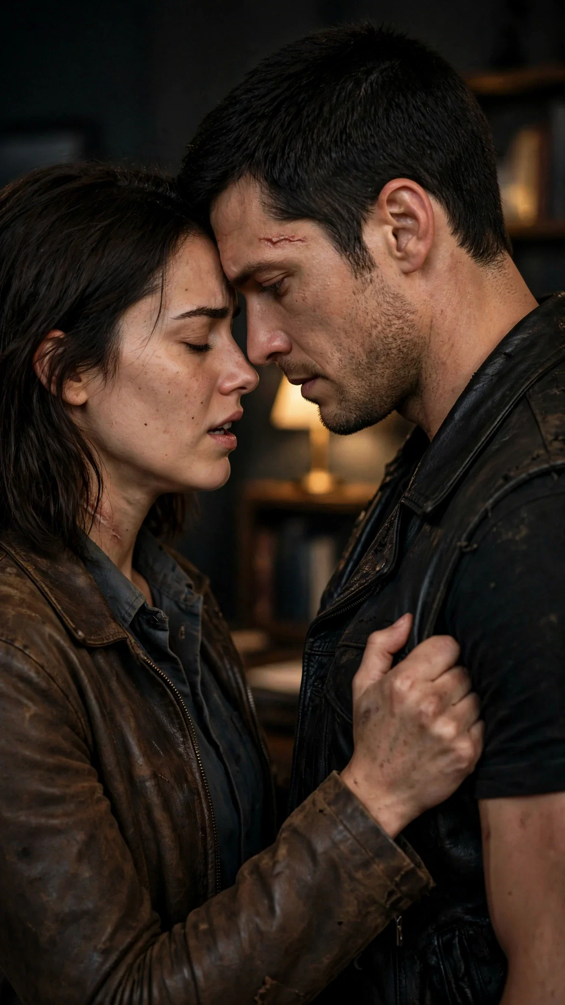 His forehead against hers as his hand moves between her thighs.