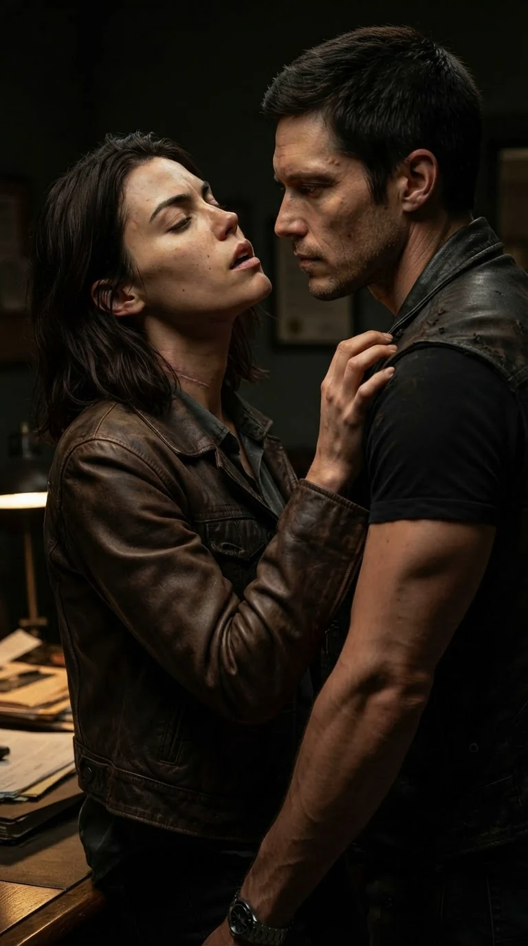 She grips his shoulder, her head tipped back, coming apart.