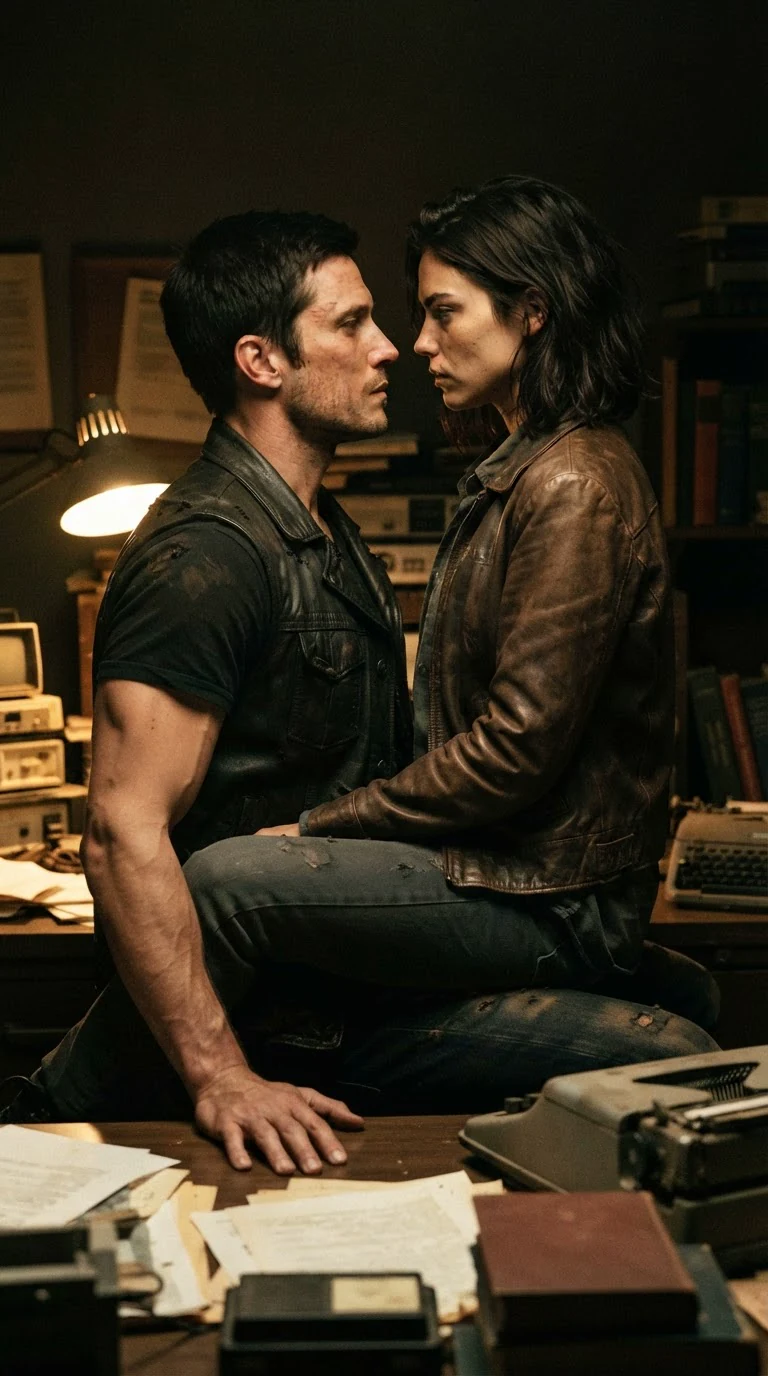 Their faces close together as he pushes into her on the desk.