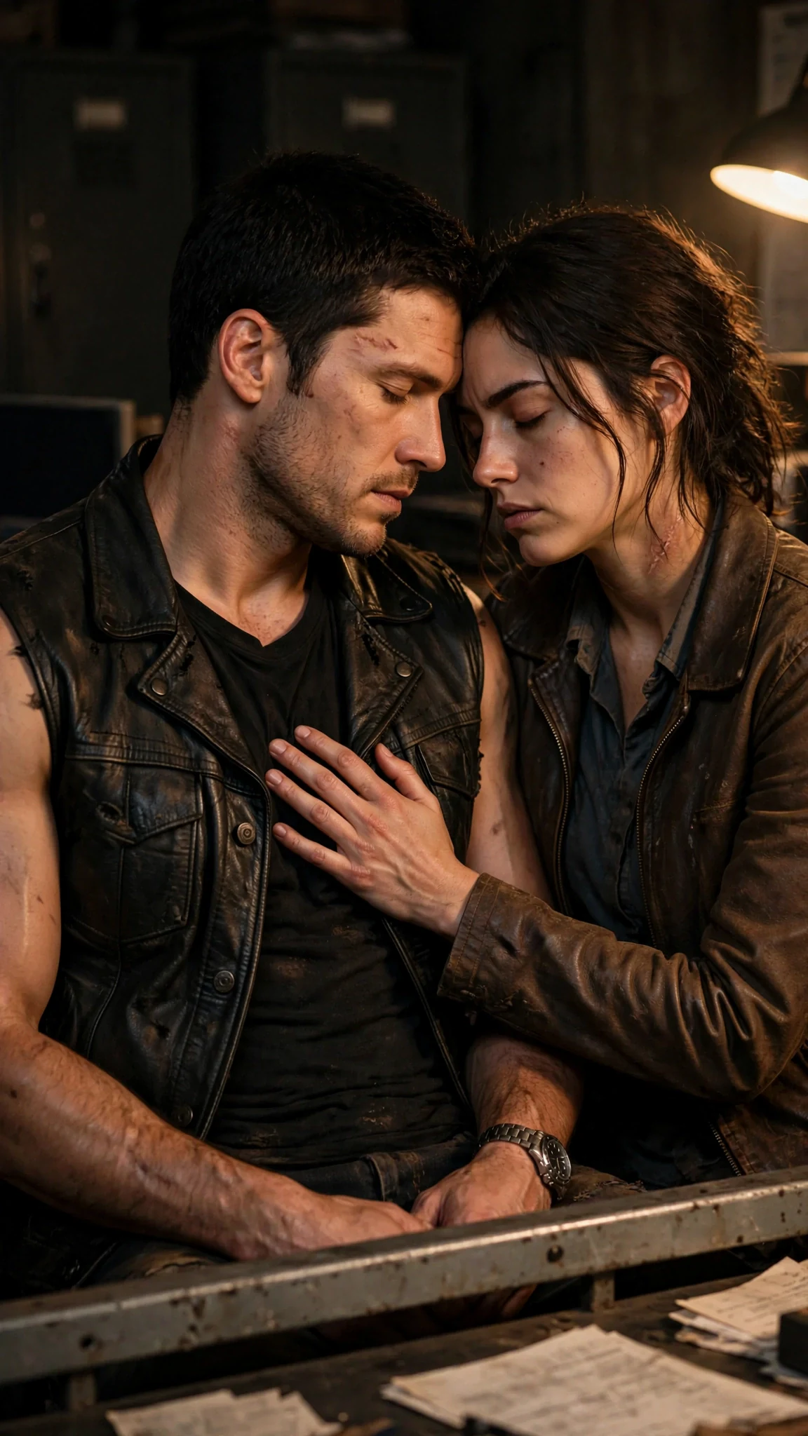 His forehead rests against hers, both breathing hard in the dark.