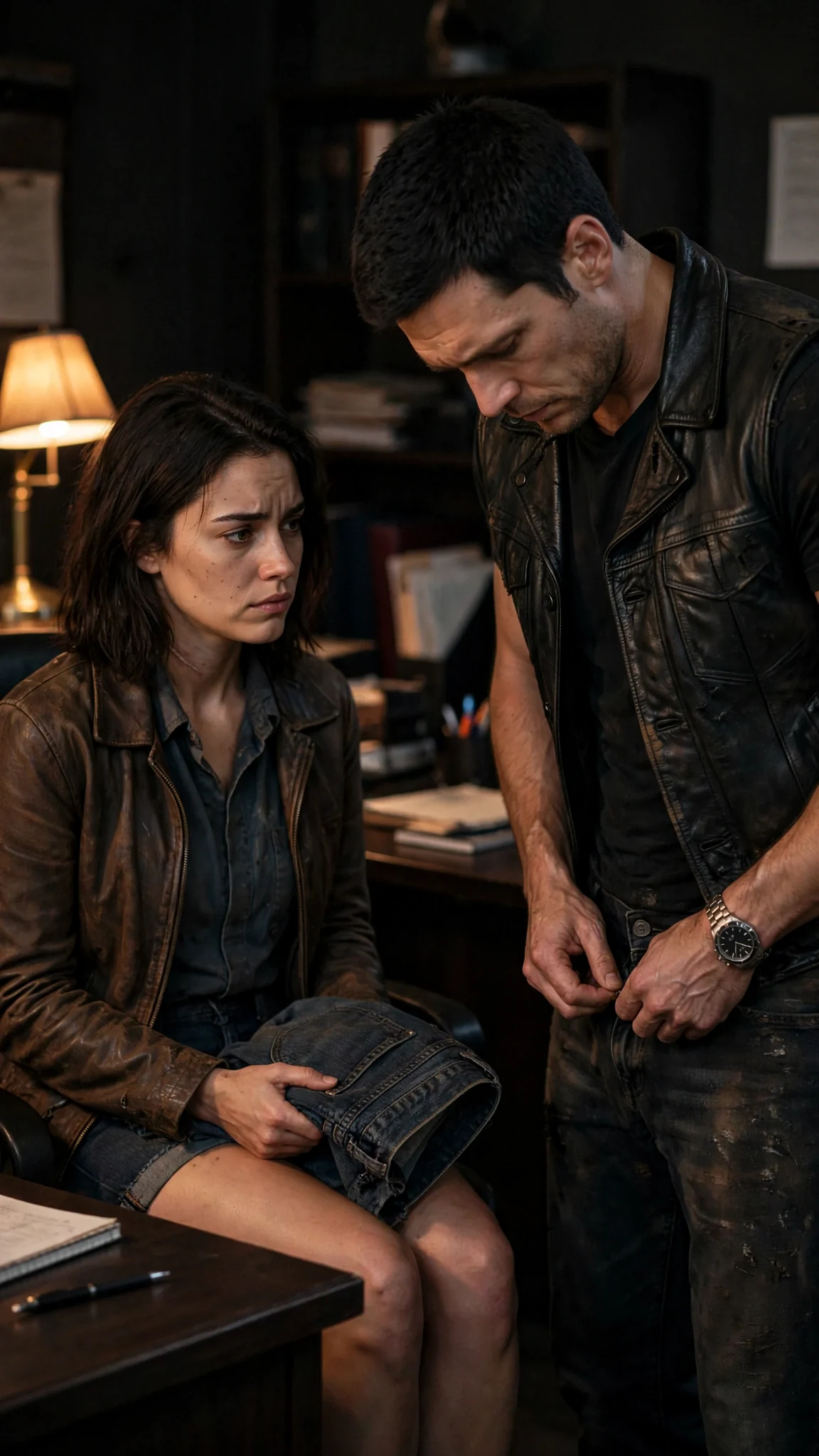 He steps back from her, zipping his jeans, eyes averted.