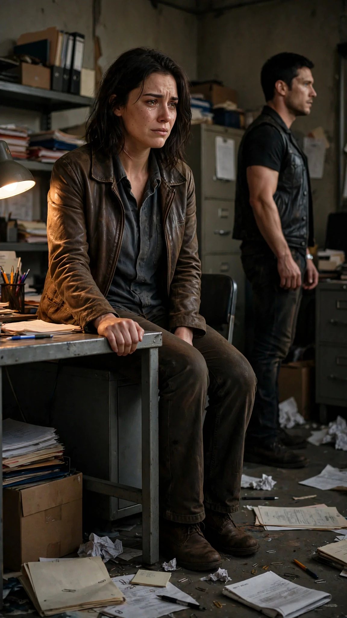 She clutches the desk edge, staring at him.