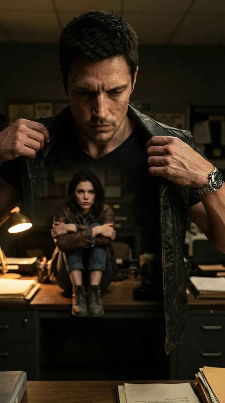 He pulls on his leather cut, jaw tight, refusing to look at her.