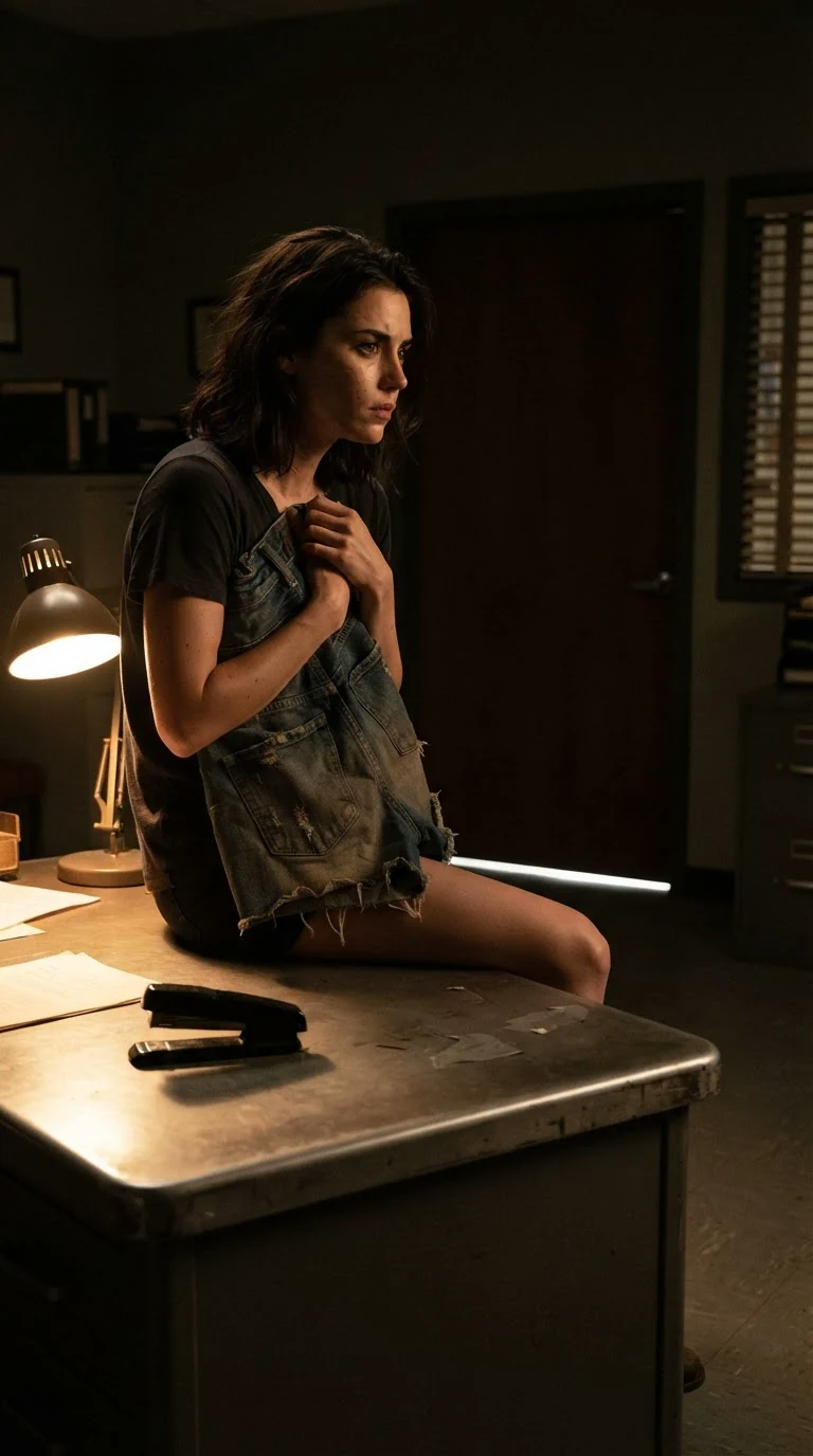 The office door shuts, leaving her alone on the desk.