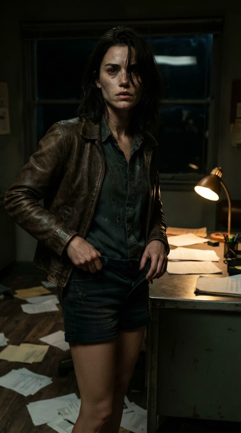 She pulls her shorts on, staring at the shut door.