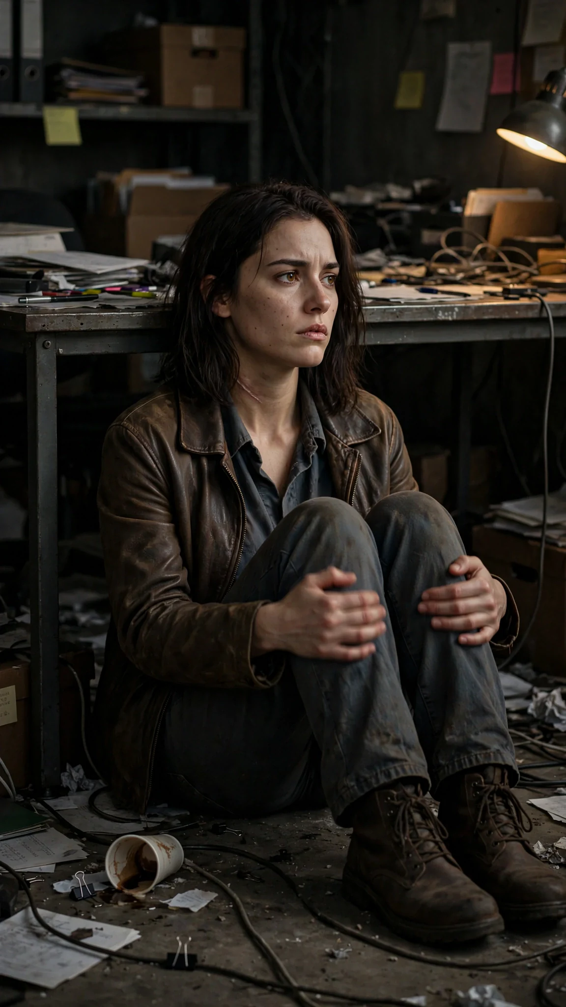 She sits on the floor with her back to the desk, hands shaking in her lap.