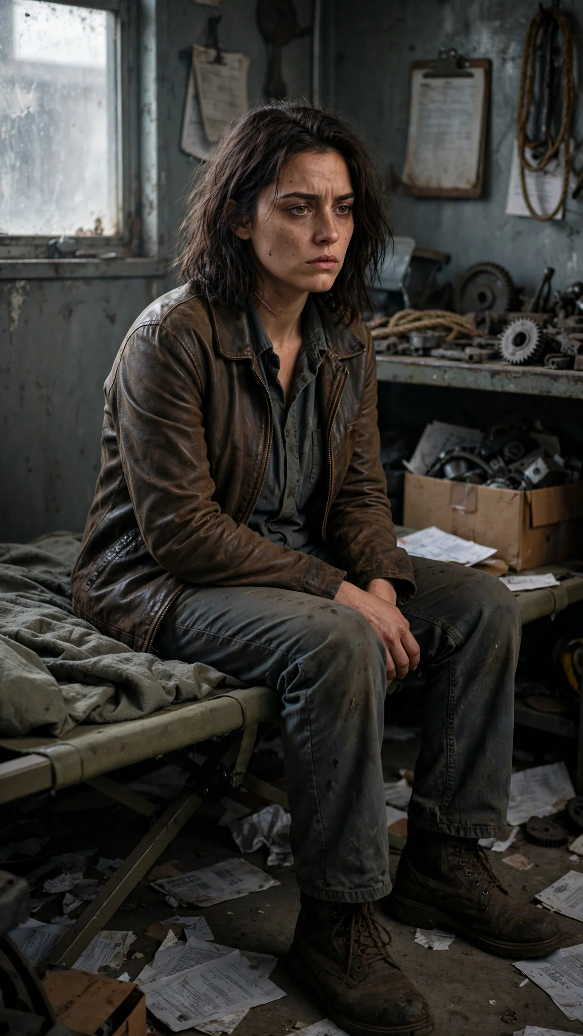 Maela sits on the edge of a cot in a cluttered salvage office at dawn, her shirt buttoned wrong.