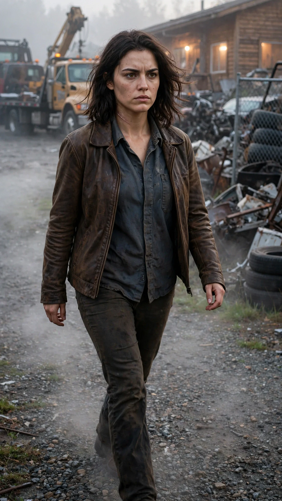 Maela walks across the gravel yard toward the lit pack house in morning mist.