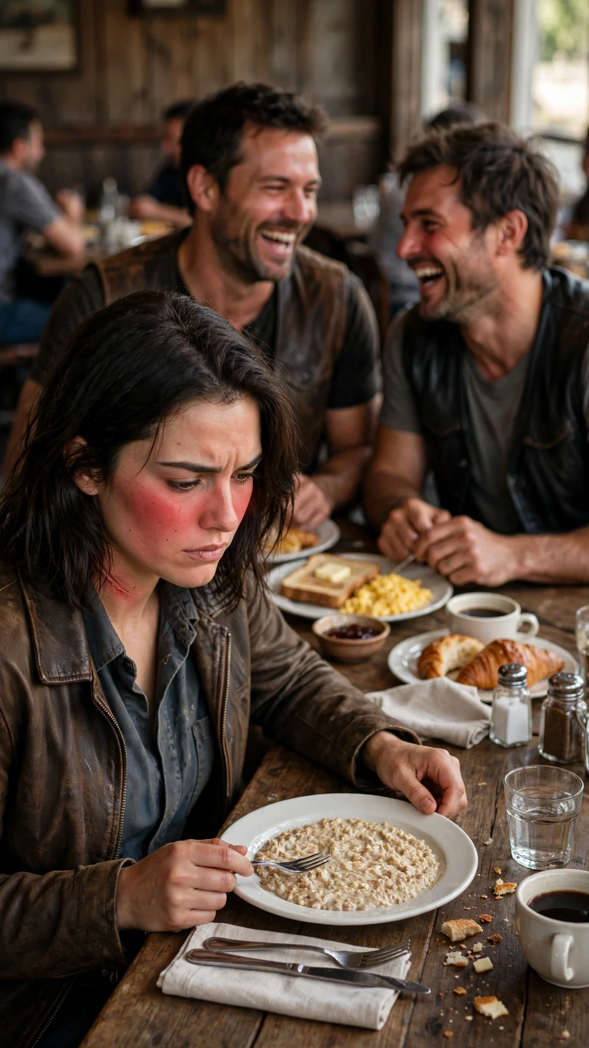 Riders laugh along the bench while Maela stares at her plate.