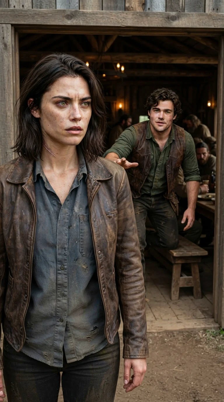 Maela walks out of the dining hall as Fintan half rises behind her.