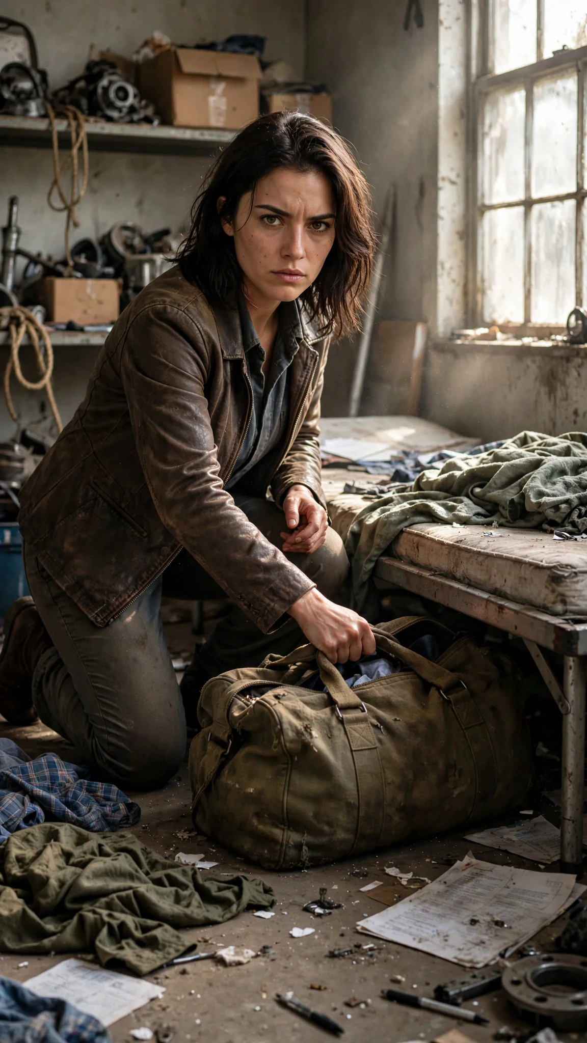 Maela drags a worn duffel bag out from under the cot in the salvage office.