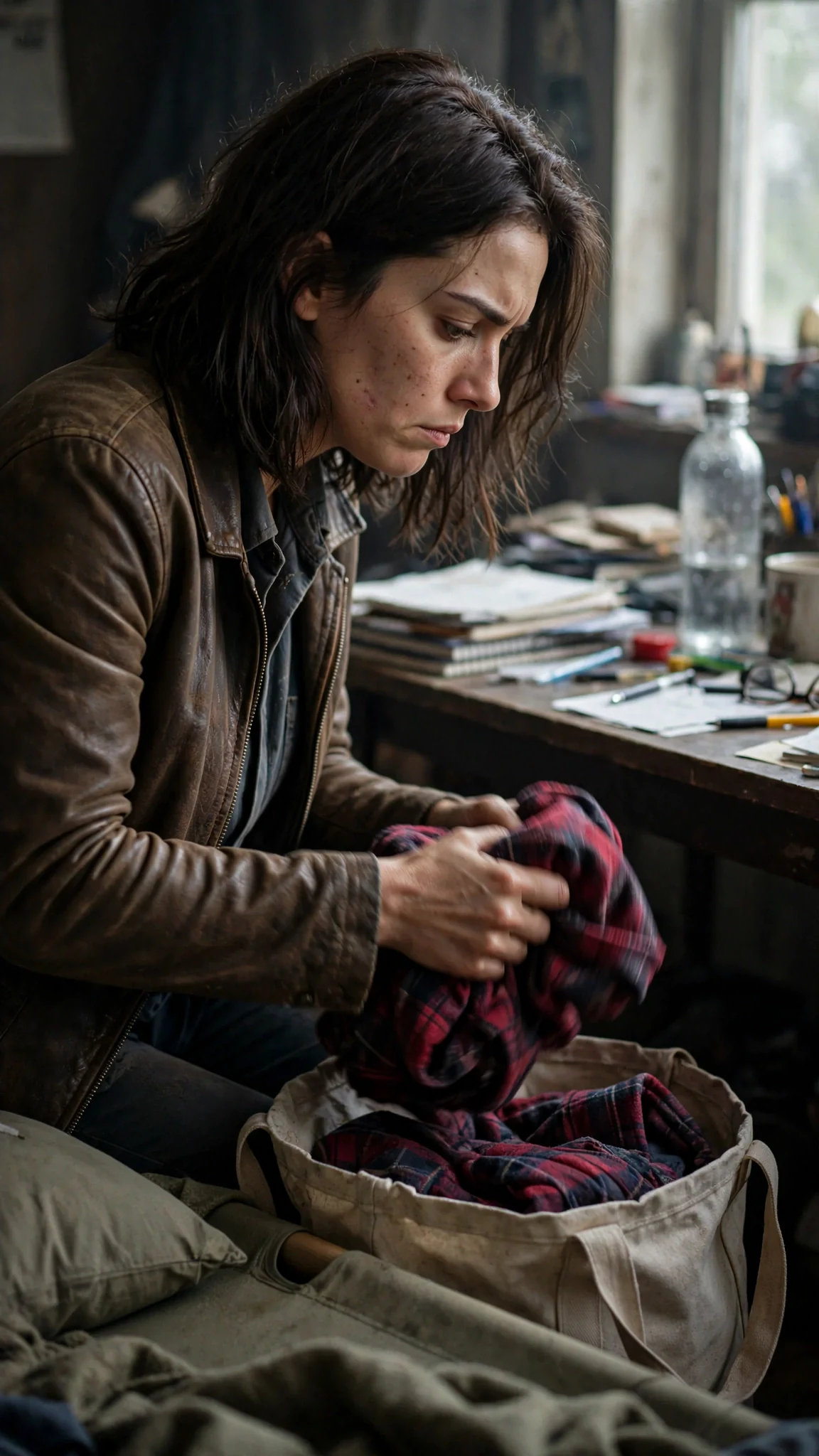 Maela folds shirts into the bag, hands trembling, avoiding the desk.
