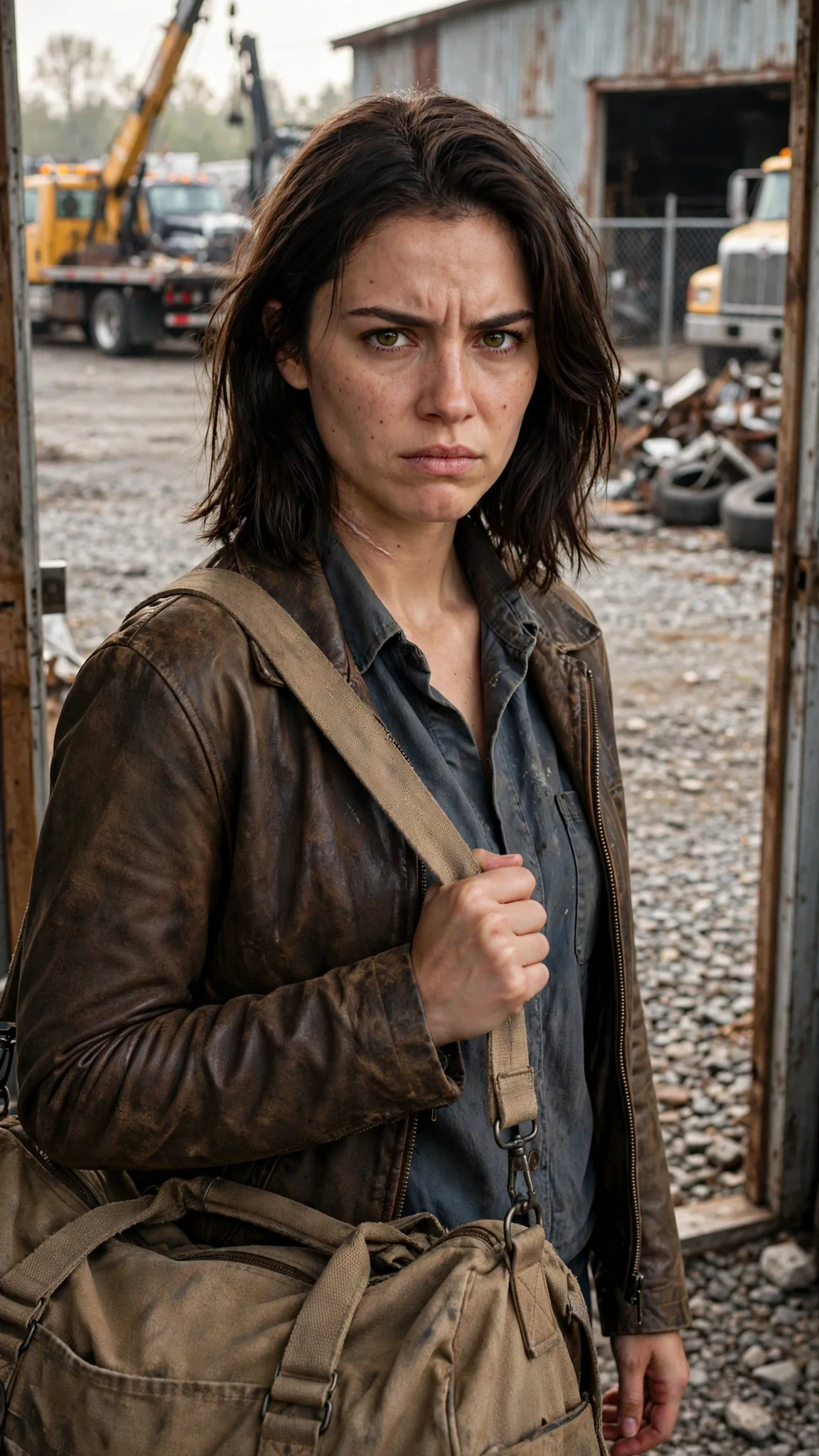 Maela stands at the office door with her bag, hand on the strap.
