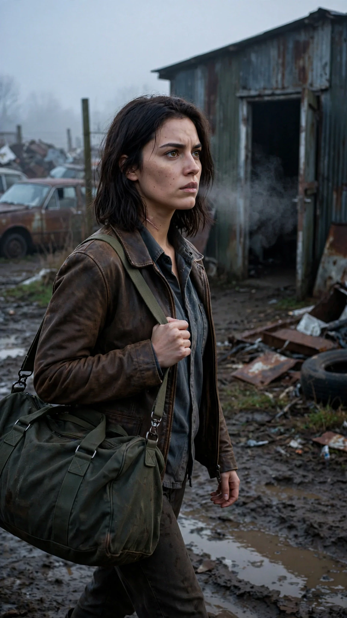 Maela crosses the salvage yard toward an open paint shed.