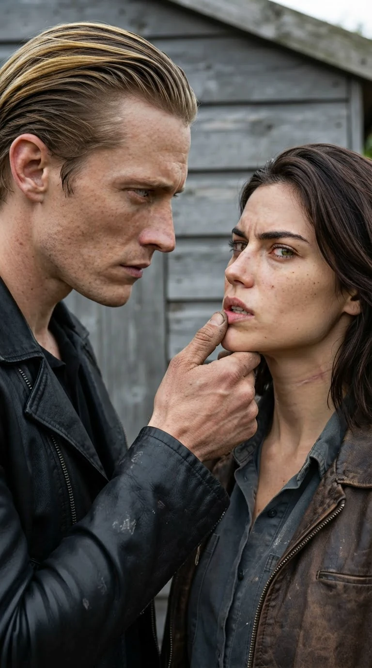 Drystan's thumb drags across Maela's mouth as he looks down at her.