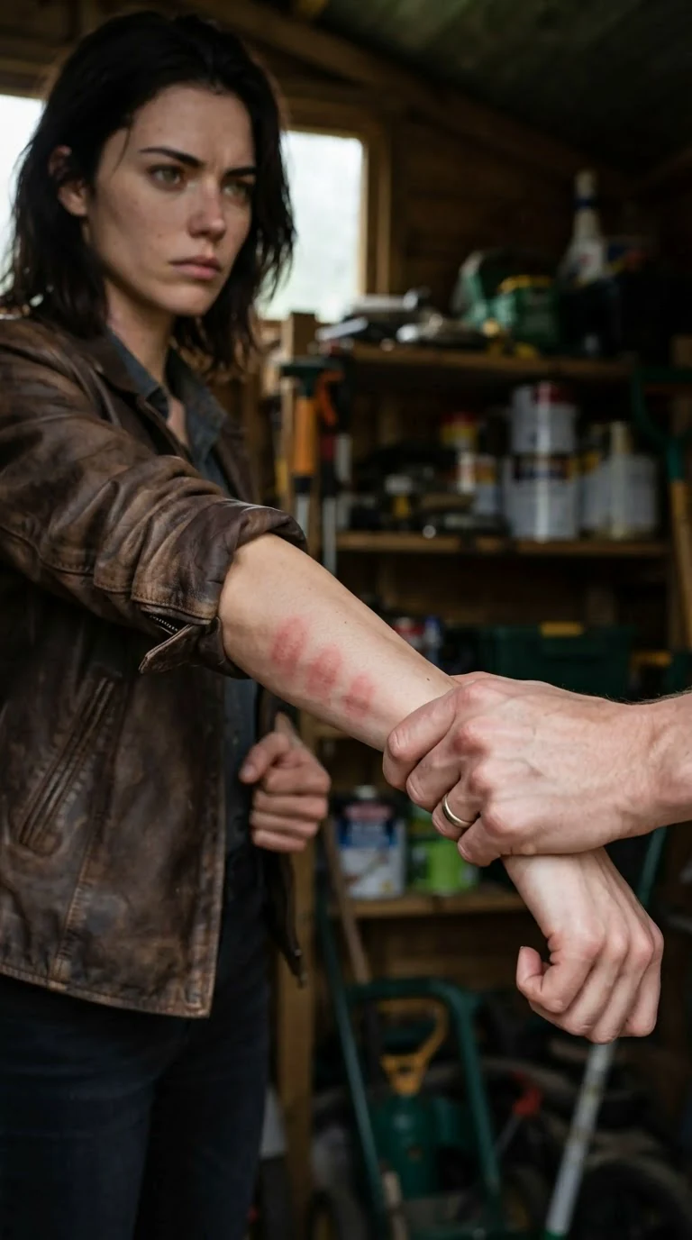 Close on Maela's arm where Drystan's fingers have left red marks.