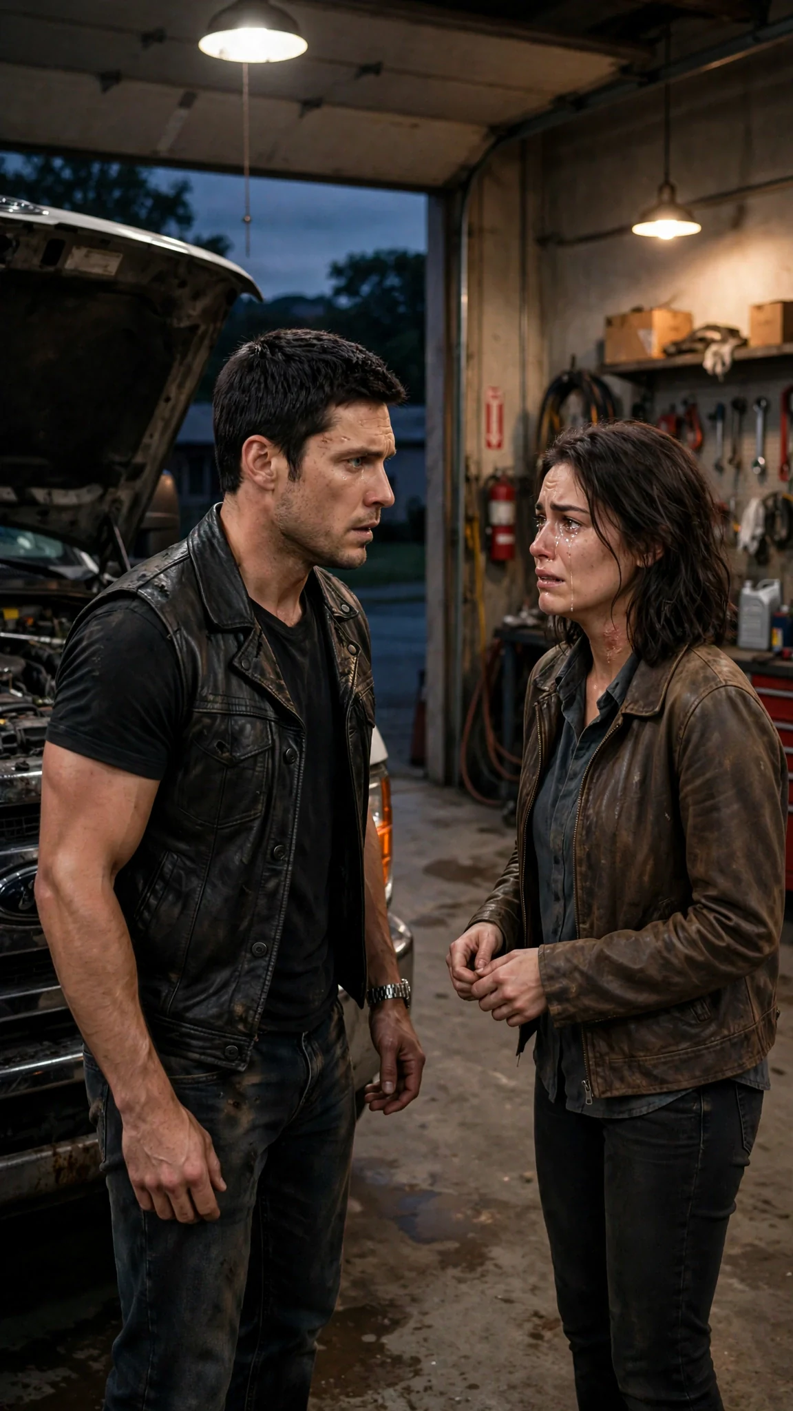 Maela stands shaking in the garage bay while Ryland looks up from a tow truck, grease to his elbows.