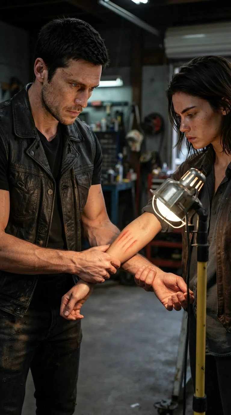 Ryland holds Maela's arm up to the light, thumb over four red finger marks on her skin.