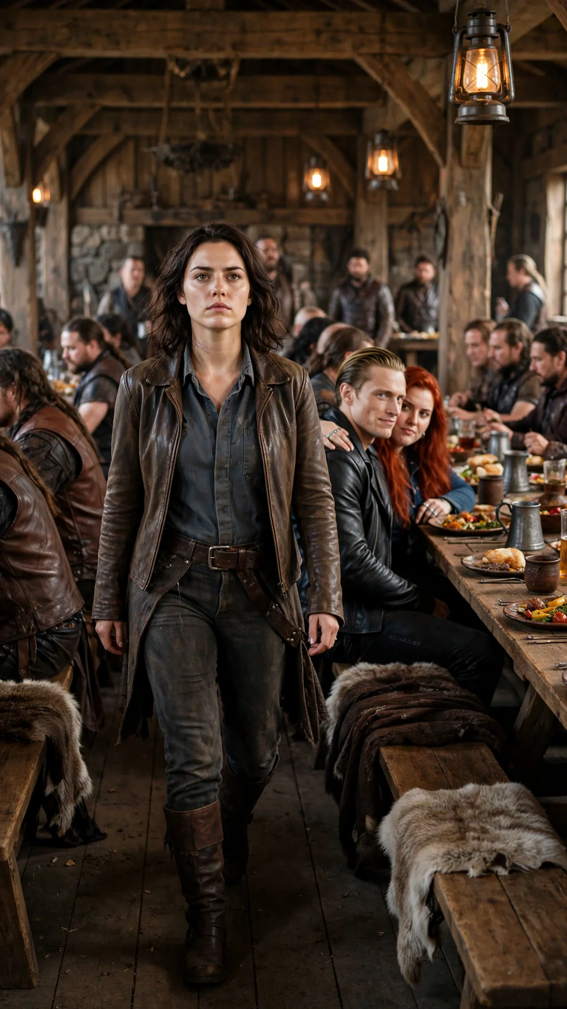 The pack hall at dinner, Maela walking between long tables as Drystan watches her with a smug smile.
