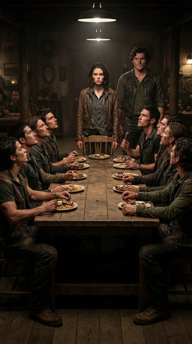 Maela stands alone in front of the whole pack, her empty chair behind her, faces turned up at her.