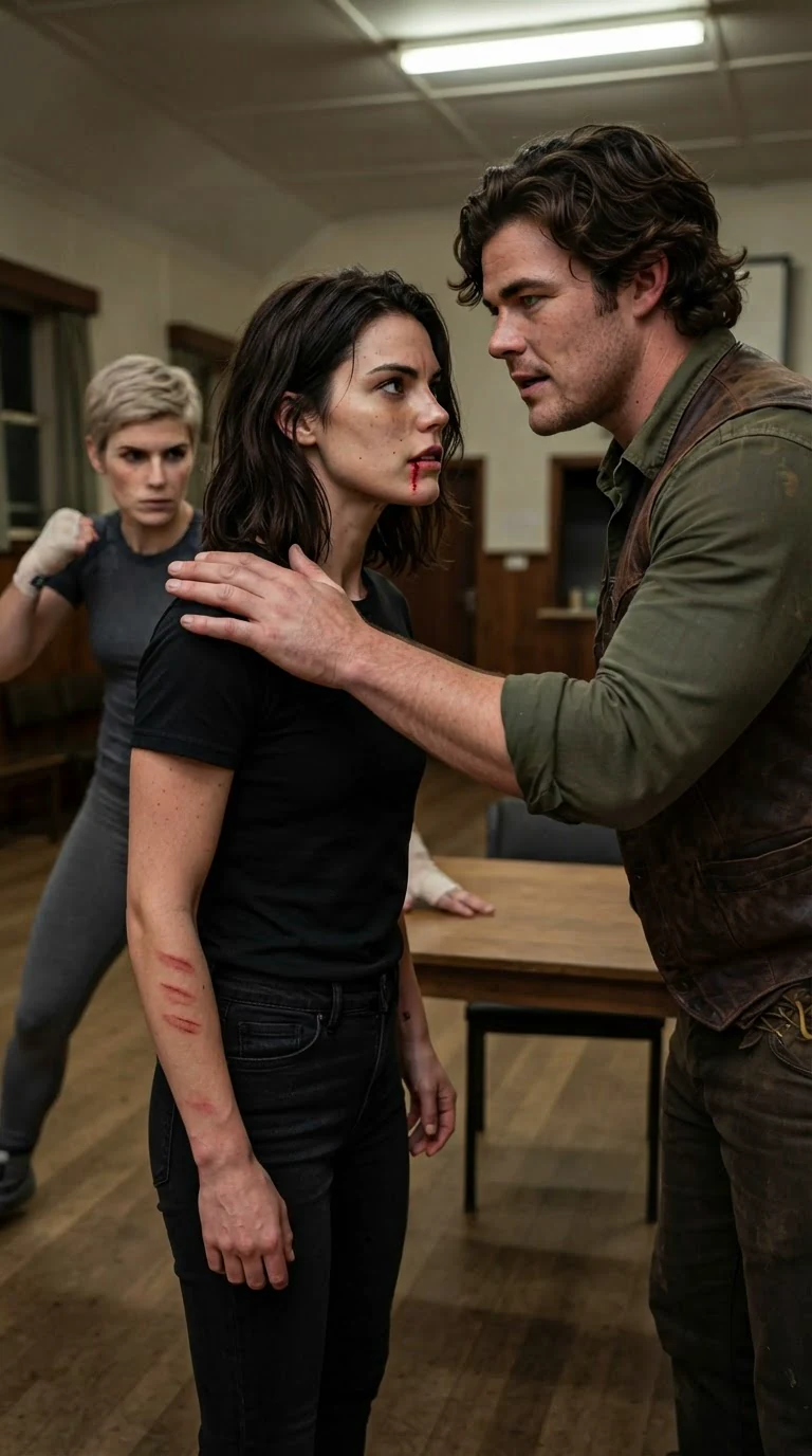 Maela stands with blood on her lip as Fintan puts a steady hand on her back.