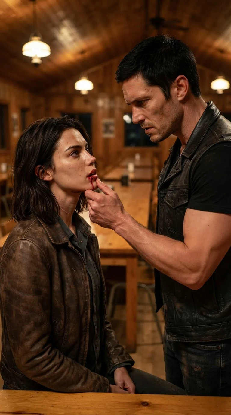 A bleeding young woman in a leather jacket stands in a quiet pack hall while a tall Alpha in a black cut grips her chin and stares at her split lip.