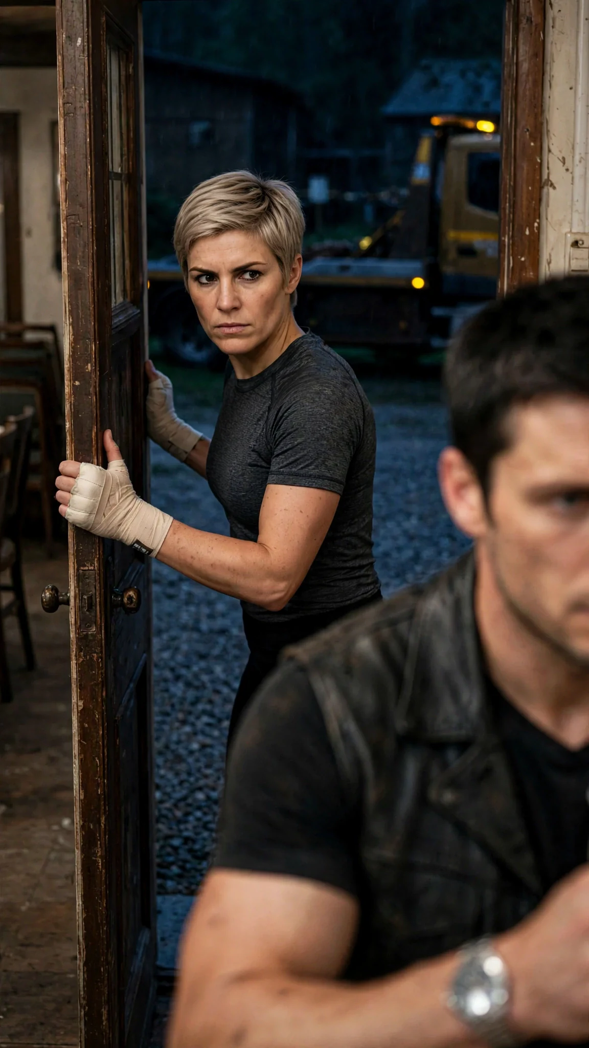 A short-haired woman fighter pauses in the hall doorway and points a warning finger at the Alpha.