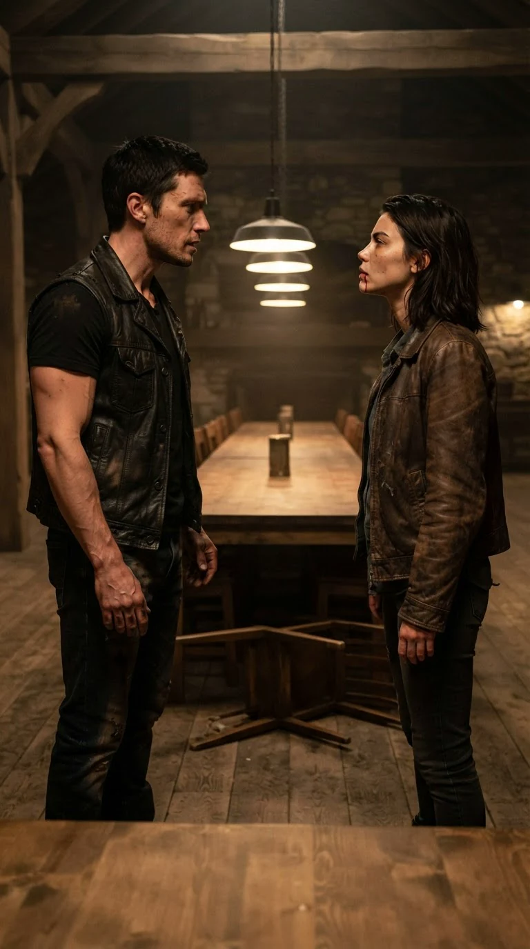 Two people stand among empty tables after a pack fight, the tall Alpha talking and the woman with the cut lip refusing to sit.