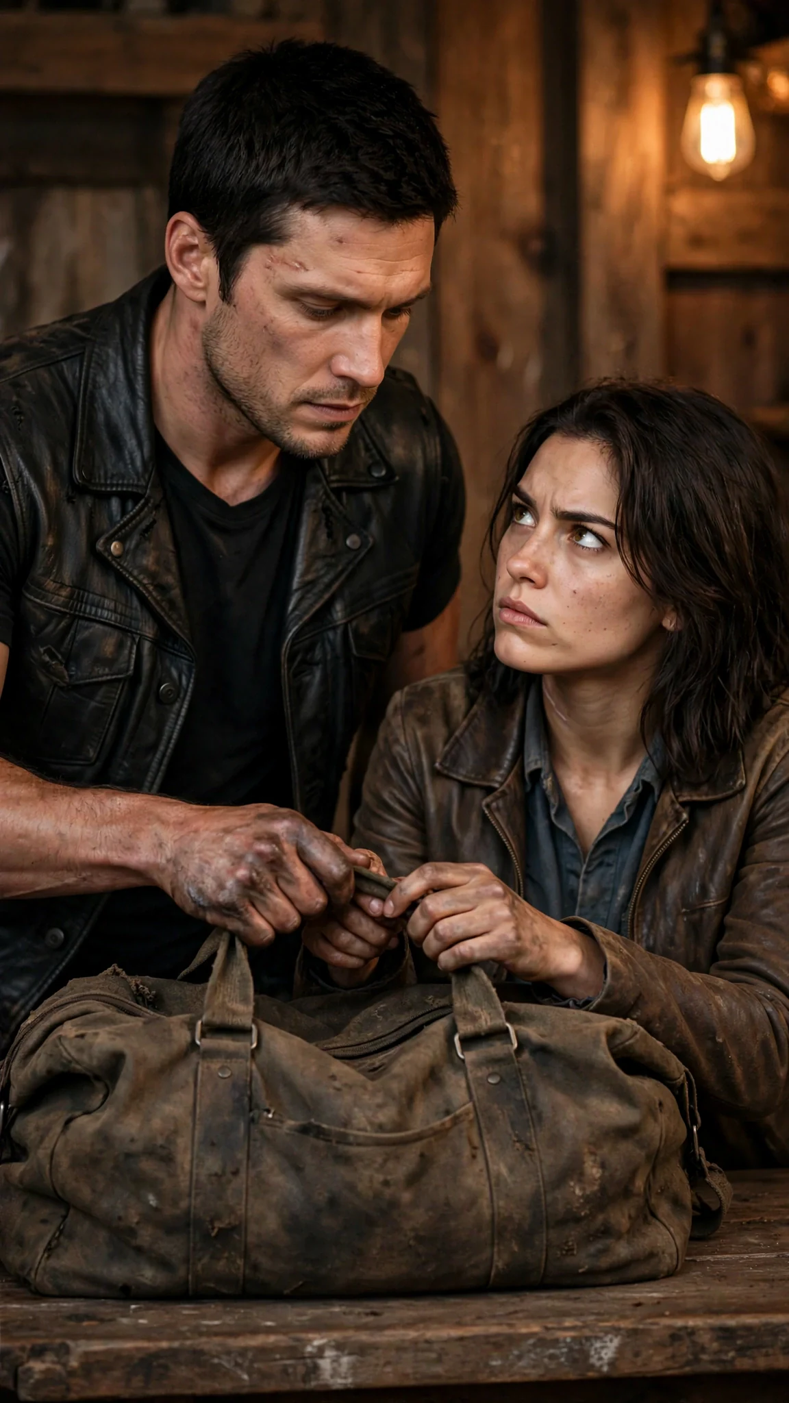 The tall Alpha lifts a worn duffel bag before the woman can reach it, their fingers brushing on the strap.