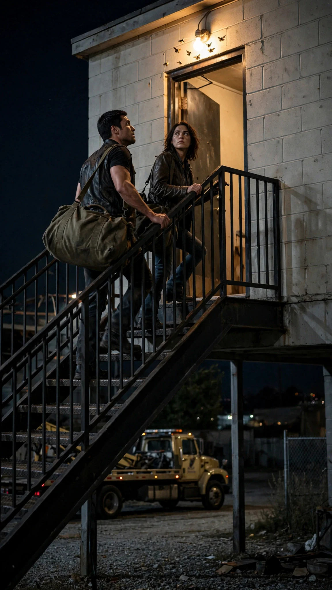 A man in a leather cut climbs an outside staircase above a garage at night carrying a duffel bag, a woman following behind.