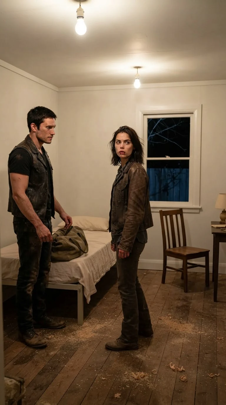 Inside a small clean room above a garage, the Alpha sets a bag on the bed and steps back while the young woman looks around.
