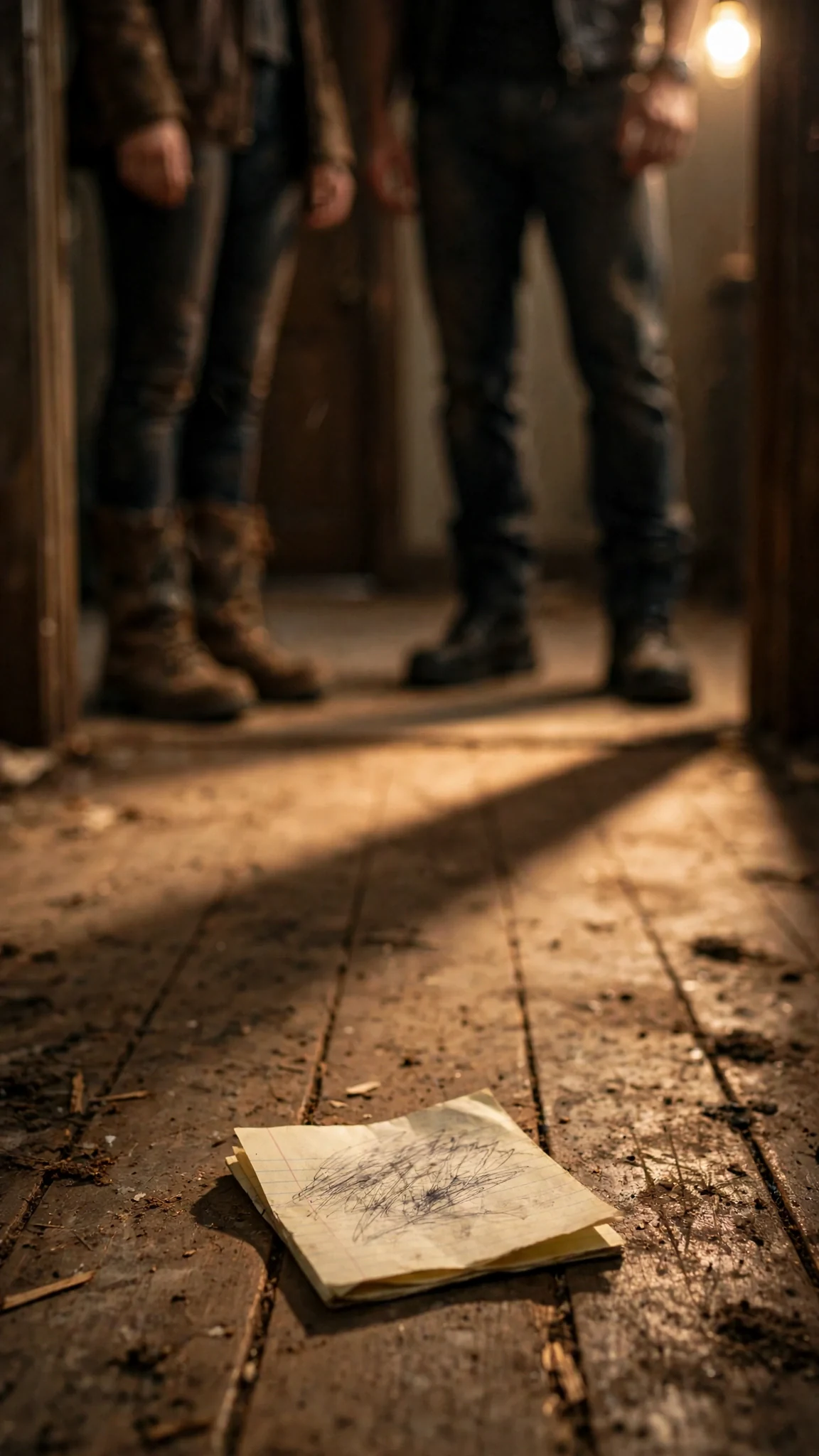 A folded piece of paper with a name written on it lies on bare floorboards just inside a doorway.
