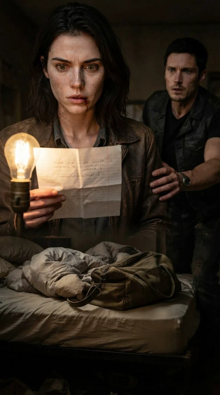 The young woman holds a crumpled note close to the lamp, her face going pale, the Alpha stepping toward her.