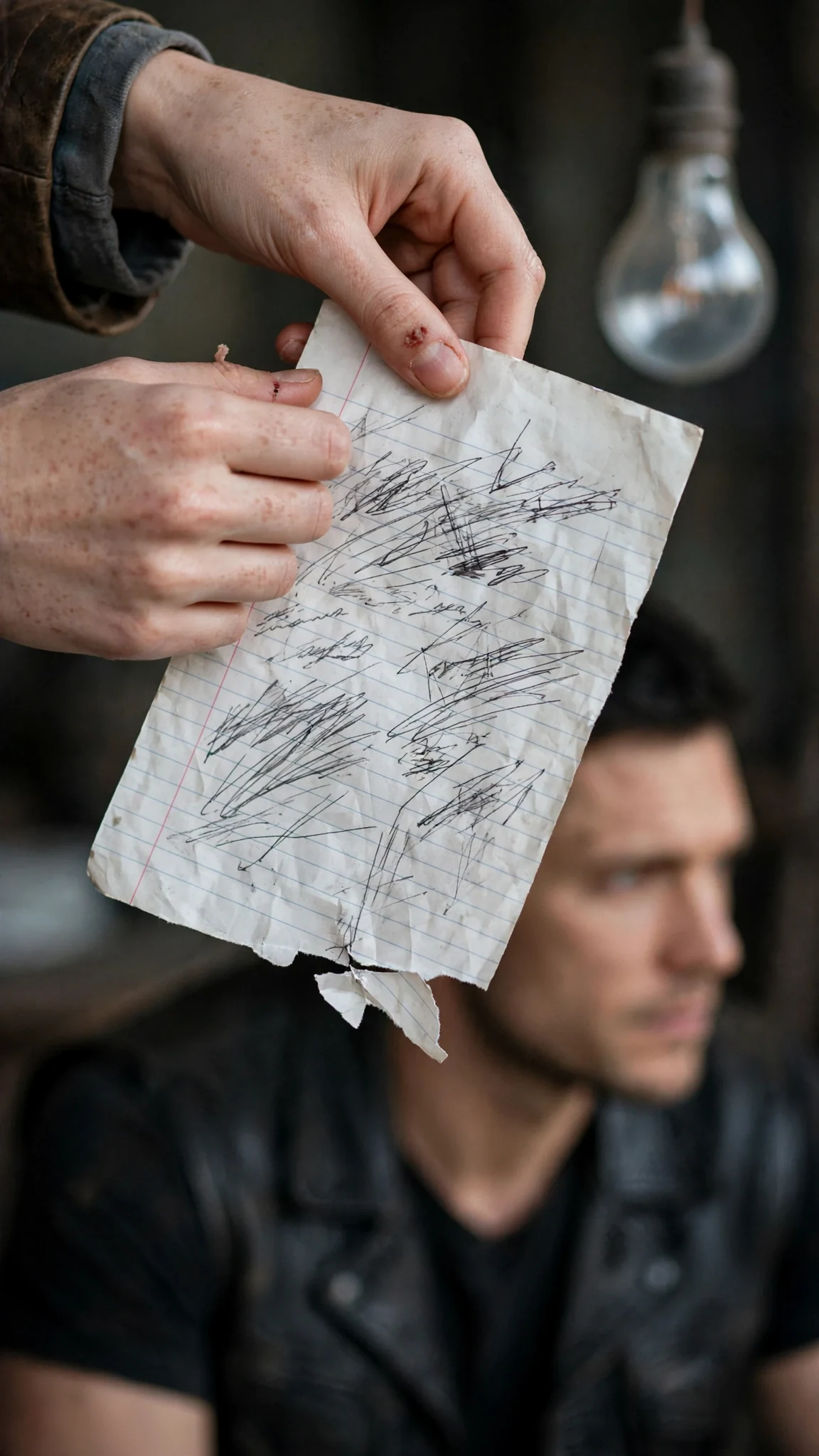 Close view of a lined page held in trembling hands, harsh scrawled writing and a thumbprint of grease at the corner.