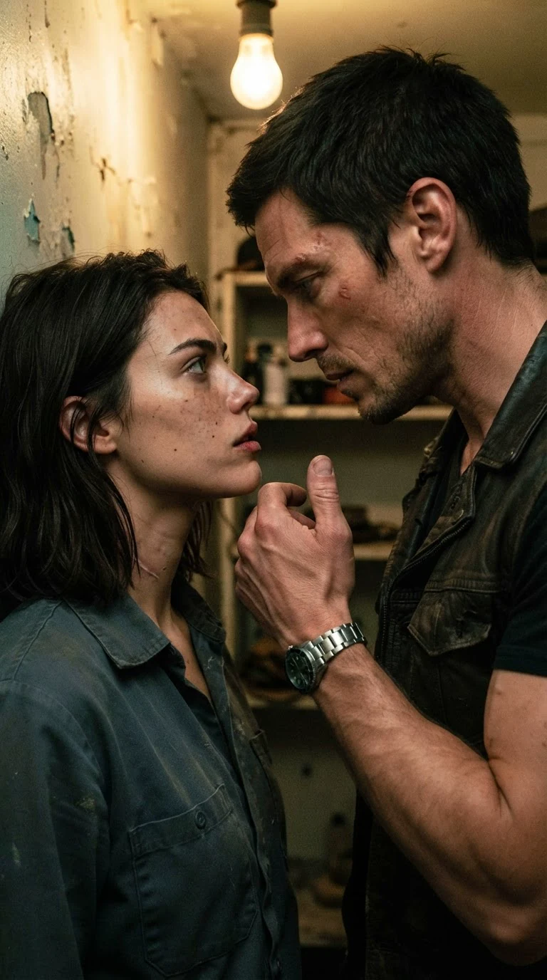Very close shot of the Alpha and the young woman standing near in a small room, his hand raised an inch from her cheek.