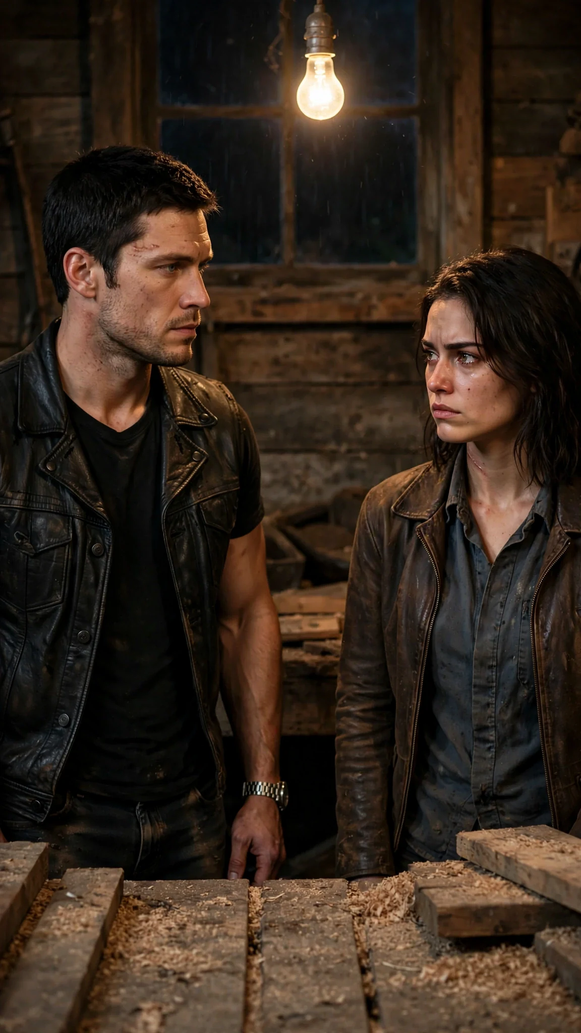 The Alpha stares down at the woman and says something that makes her jaw tighten, his hand still hovering near her face.