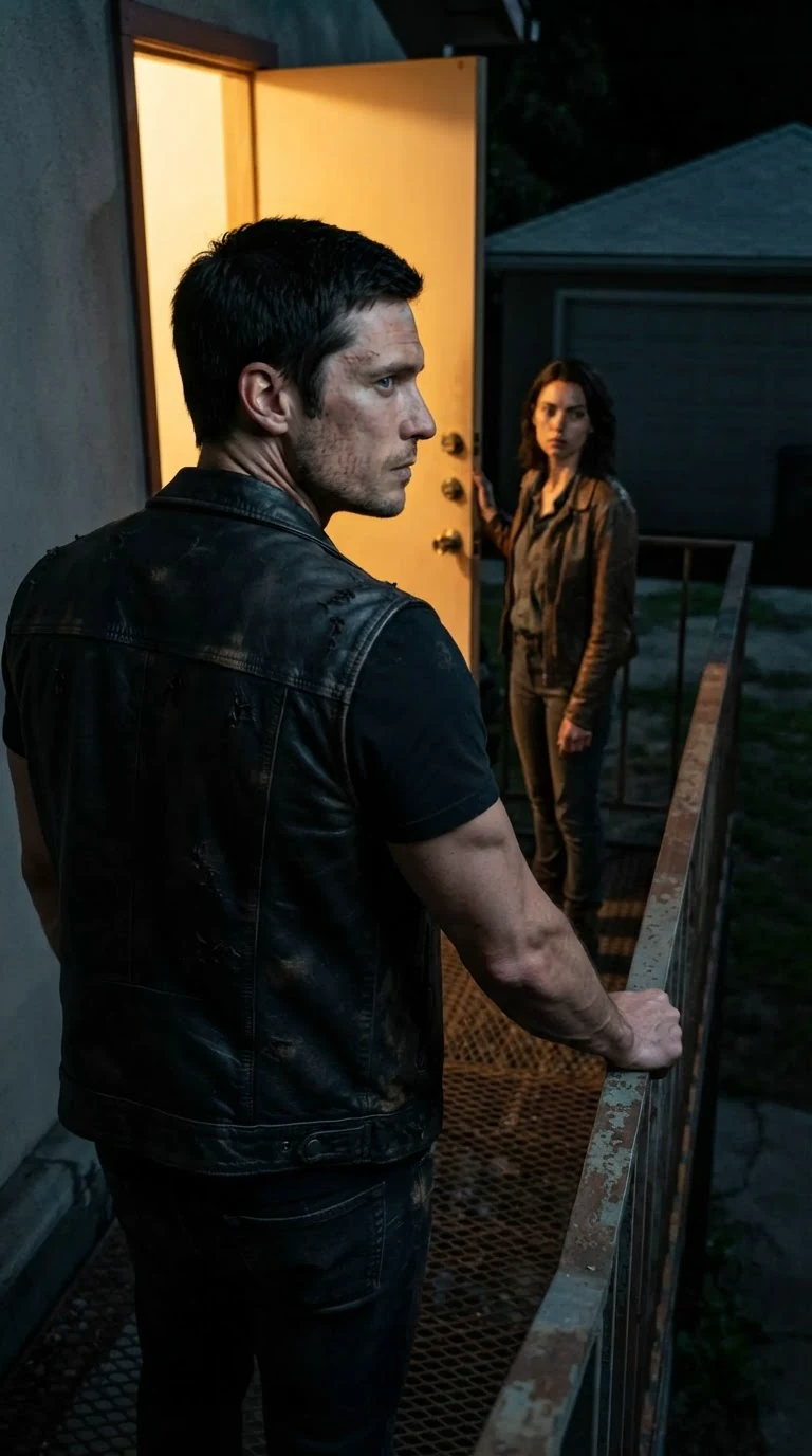 The Alpha pauses at the top of the outside stairs with his back to the lit doorway, boots on the top step.